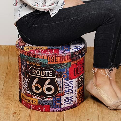 Bonlife Round Folding Storage Ottoman,Storage Organiser Toy Chest,Retro Faux Leather Footrest Stool Seat for Living Room 15"(Multicoloured) 38x38x38cm
