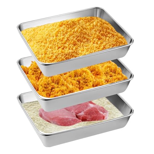 Panierschalen Set, 3 Stück Edelstahl Panierschalen Set, 25,5 x 19,5 x 5,8 cm Rechteckig Panierschalen Panierset, Edelstahl Schale Rechteckig mit Stapelbares, für Schnitzel, Fleisch, Fisch und Gemüse