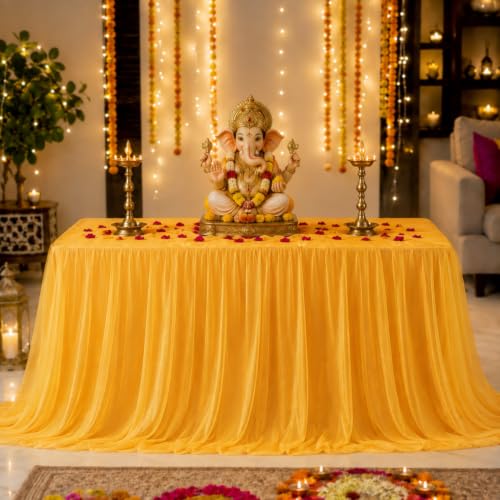 Image of SpecialYou Ganpati Decoration Setup for Home with 5 Meter Yellow Table Cover Cloth Drape Ribbon for Decorations Pooja, Varalakshmi Pooja Decoration Items, Mandir Decorations Items for Home