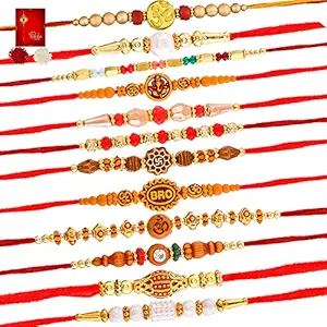 MOOLYVAAN Products Handicraft Rudraksha Designer Rakhi for Sweet & Lovely Brother , Beads Rakhi Stylish Thread Bracelet Raksha Bandhan (Pack of 10)
