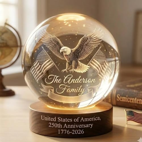 Image of Personalized 250th Anniversary Crystal Ball Night Light, Custom 1776-2026 USA LED Lamp, Engraved Patriotic Gift, American Independence Decor Light for Home, Desk, Veterans Day, 4th of July