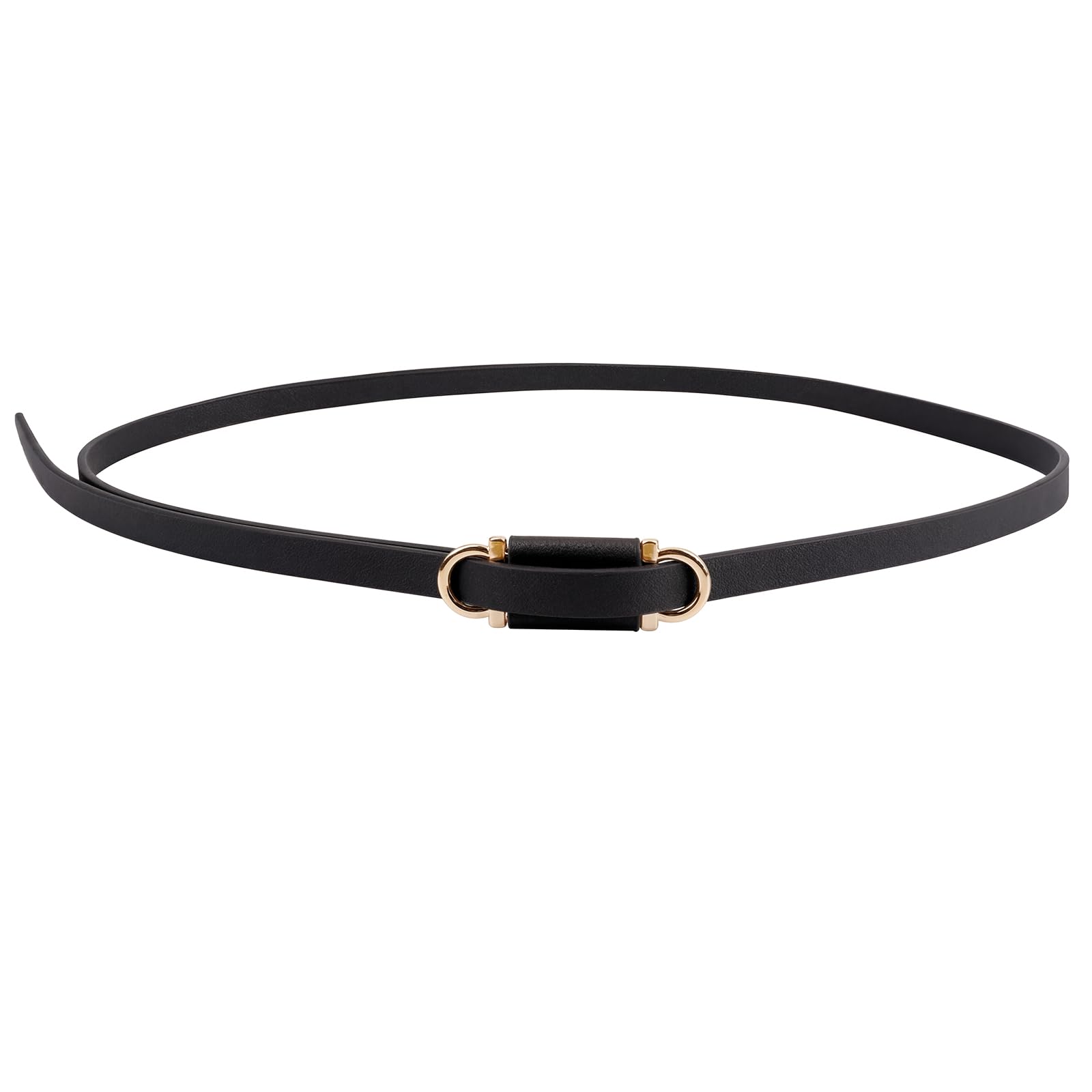 FACHOI Womens PU Leather Skinny Belt, Ladies Adjustable Leather Belts, Slim Thin Waistband Belts with Metal Buckle for Dresses Jeans Pants Coat F6-WKXYD (Black)