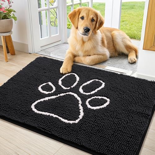 Image of Smiry Dog Door Mat for Muddy Paws, Absorbent Dirt Trapper Non Slip Quick Dry Washable Chenille Mat for Mud Dogs, Entry Rug for Indoor and Outdoor (40x24 Inches, Black and White)