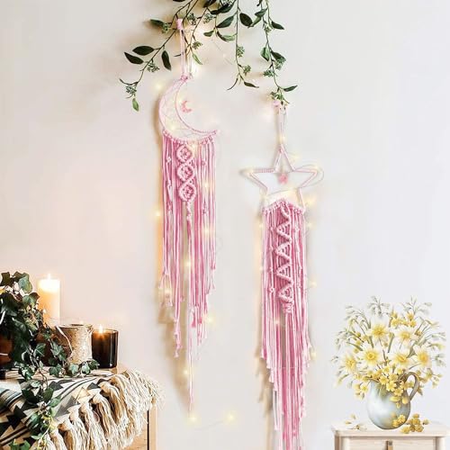 Image of Tarklanda Moon Star Dream Catcher Decor, 2pcs Boho Home Moon Star Dreamcatcher, Macrame Wall Hanging Boho Home Decor for Kids Baby Bedroom Decoration for Women Mom Girls Craft Pink