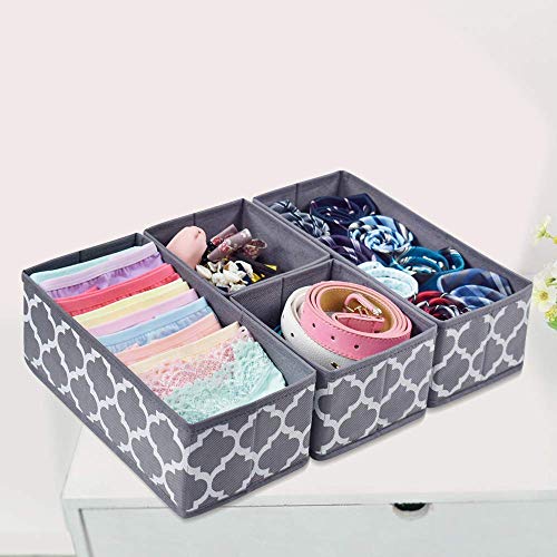 Image of Foldable Set of 6 Cloth Storage Box Closet Dresser Drawer Organizer Cube Basket Bins Containers Divider with Drawers for Underwear, Bras, Socks, Ties, Scarves (Set of 6 - Grey Lantern)