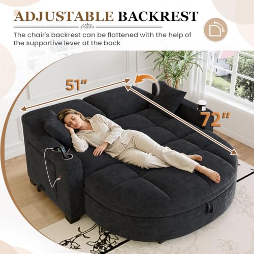 Image of 60 inch Loveseat Chaise Lounge Chair with Ottoman, Tufted Chenille Chaise Sofa with Storage & Adjustable Back / Side Table / USB Charging, Cozy Reading Lounge Chair and A Half for Living Room, Office, Black