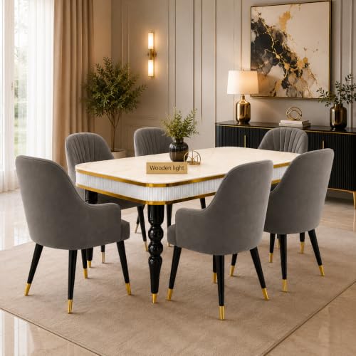 Image of 6-Seater Dining Table Set with Nano Composite Marble Top | Golden PVC Wooden Base | Includes 6 Fabric Upholstered Chairs | 2 Year Warranty | Dining Room Furniture Set for Home (Gray)
