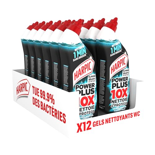 Harpic Gel WC Power Plus nettoyant surpuissant taches tenaces - nettoyant WC antibactérien - efficace sans brosse - lot de 12
