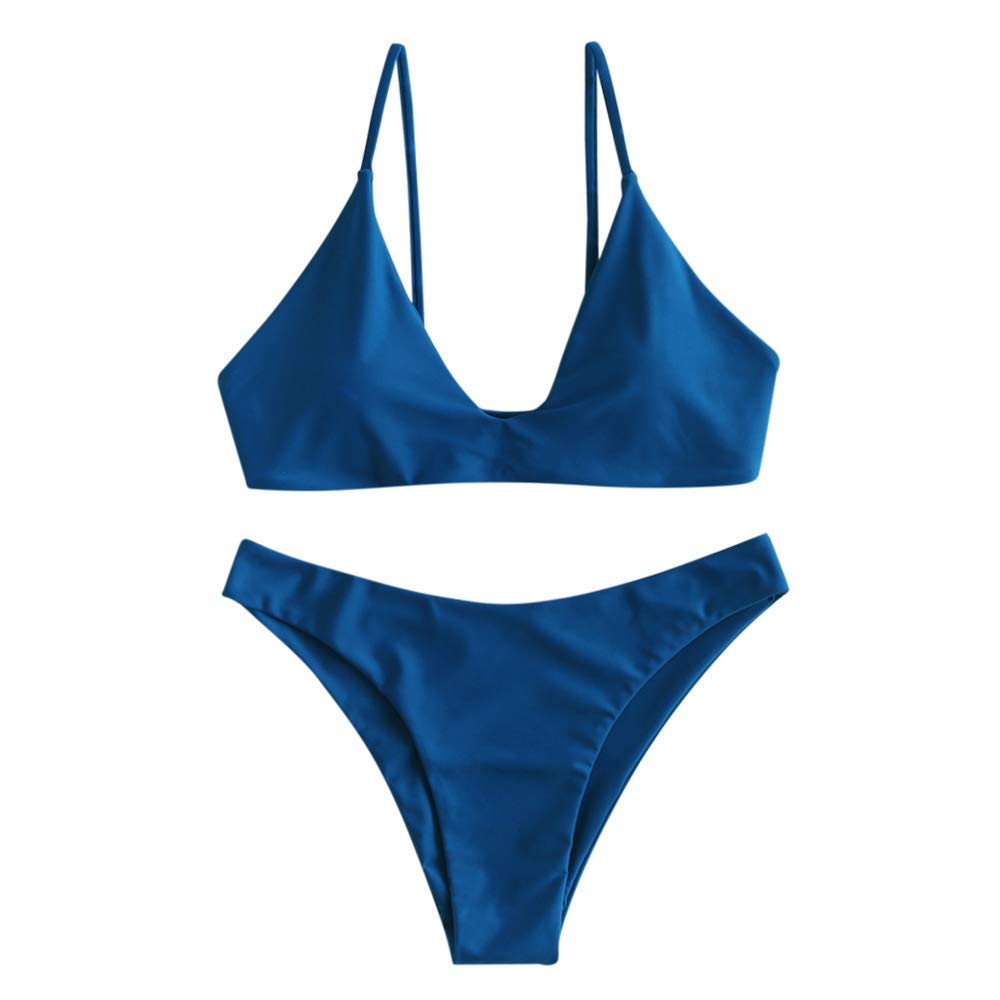 ZAFUL Women's Tie Back Padded High Cut Bralette Bikini Set Two Piece Swimsuit (S, Blue)