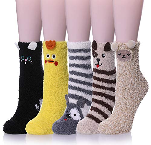 TRUEHAN Women Fuzzy Cozy Socks Fluffy Soft Plush Crew Slipper Socks Warm for Winter 5-6 Pairs (3D animal A)