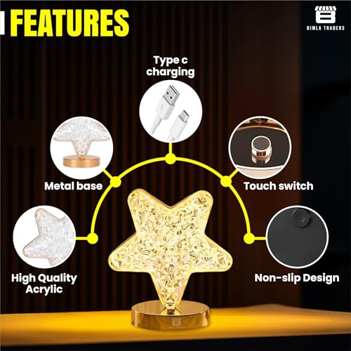 Image of CRAE 3D Star Desk Lamp | Cute Decorative Table Lamp | Acrylic Metal Bedside | Night Light for Living Room, Bedroom, Dining Party | (Star)