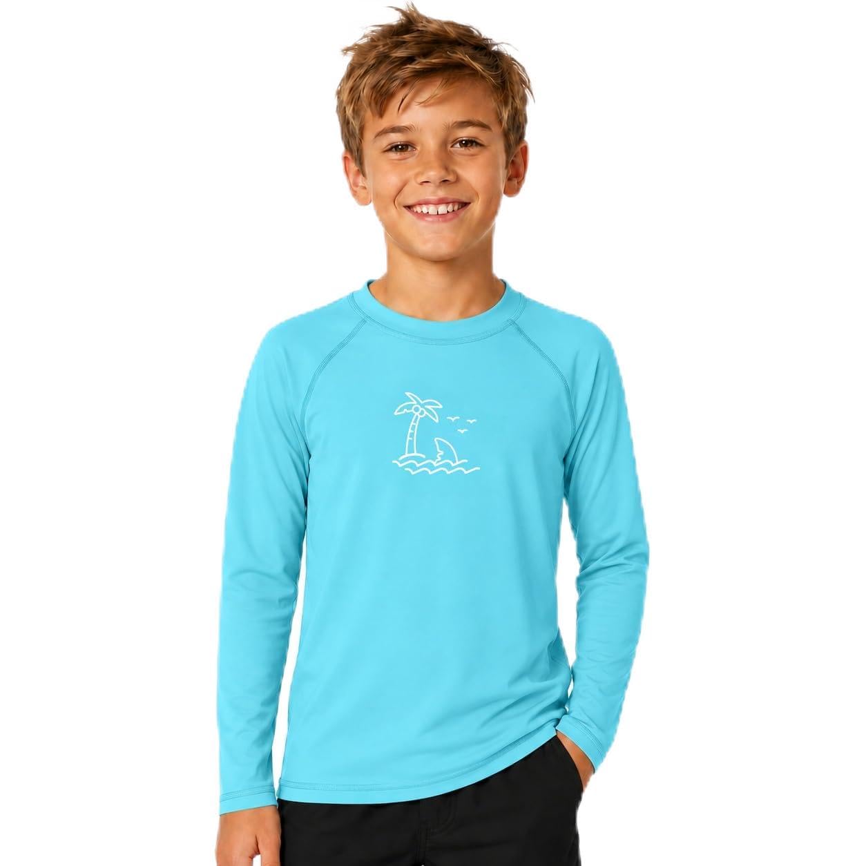Koszulka chłopięca Rashguard, okrągły dekolt, koszulka do pływania, z długim rękawem, odporna na promieniowanie UV, oddychająca koszulka kąpielowa, 104-152