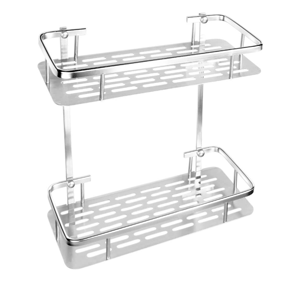 Ruilogod Wall Mounted Aluminum 2 Tiers Bathroom Shelf Basket with Hooks Towel Bar Shower Caddy Storage Organizer DIY