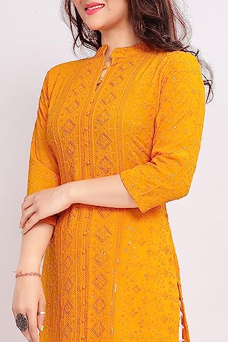 Image of Caduet Women's Lucknowi Sequence Work Viscose Rayon Regular Fit 3 /4 Sleeve Lightweight Casual Wear Kurti [MDF-1008]