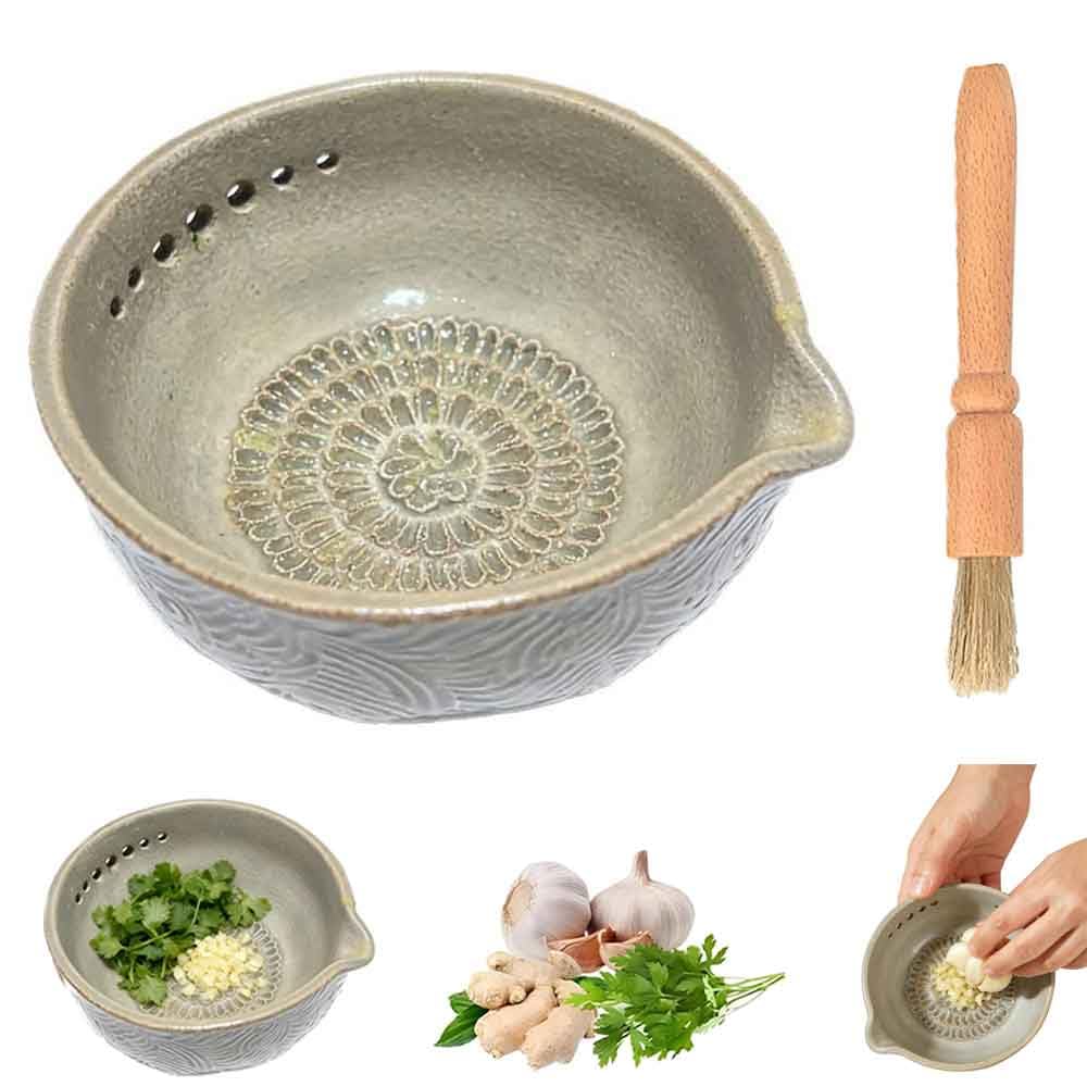 Handmade Garlic Grater x Herb Bowl Set, 2-in-1 Stoneware Kitchen Prep Tool with Brush and 7 Hole Sizes, Easy Cook for Garlic, Herb, Ginger, Chocolate, and more, Gifts for Mom,Girlfriend,Cooking Lover