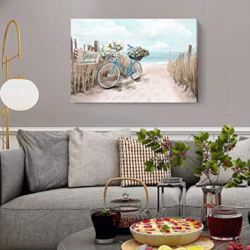 Large Wall Art for Living Room Décor Beach Picture Wall Art Modern Framed Sea Seaside Bicycle Canvas Print Seascape Artwork Ocean Painting for Home Bedroom Teal Aqua Turquoise 36x24inch - Image 3