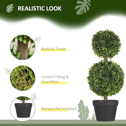 HOMCOM 2 Pack 23.5\" Artificial Boxwood Topiary Ball Tree Set of 2, Double Ball-Shaped Boxwood Artificial Topiary Plants, UV Resistant for Indoor Outdoor, Green