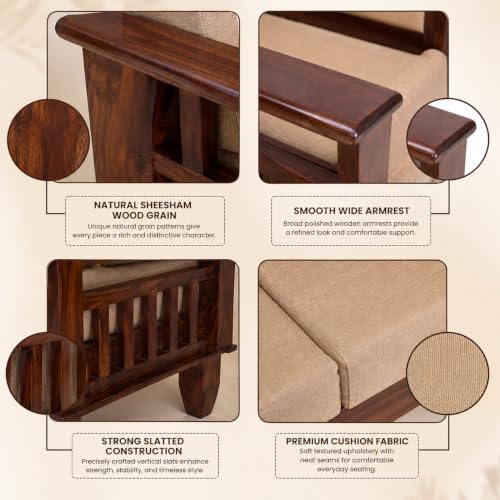 Image of Furniture Solid Sheesham 5 Seater Wooden Sofa for Living Room with Cushion|Solid Wood 5-Person Sofa Set /Couch 3+1+1 for Bedroom,Home,Office & Lounge| Walnut Brown Finish
