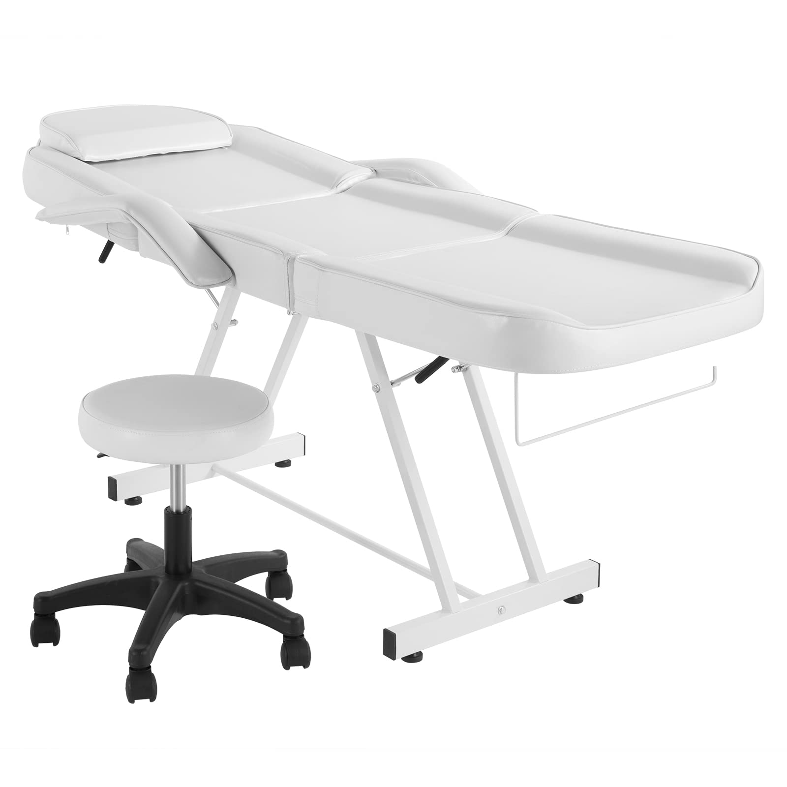 Bonnlo Verstellbare Massageliege Kosmetikliege Tattooliege, Kosmetikstuhl mit Rollhocker Drehhocker für Salon Spa Schönheitssalon Ausrüstung Weiß