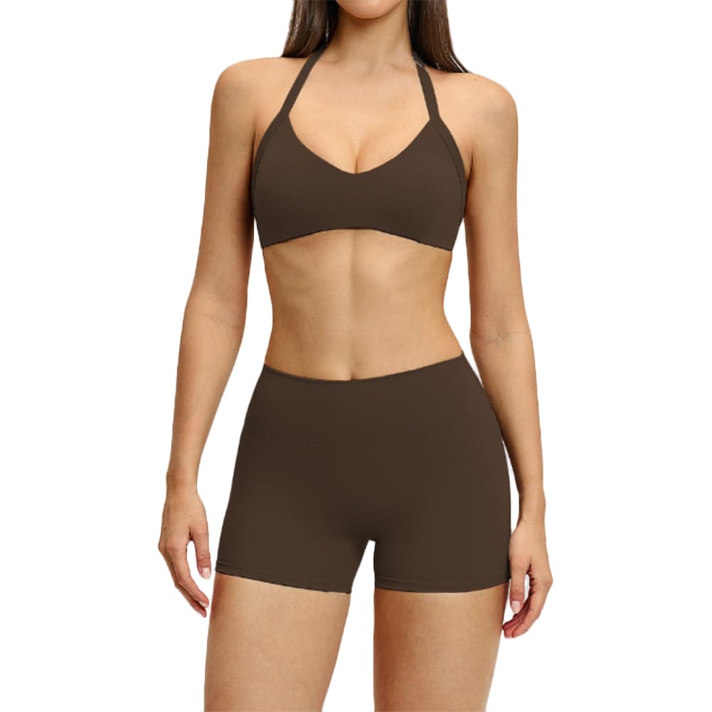 JPXJGT Women's Sports Yoga Set Hollow-Back Neckline Yoga Top Sports Running Fitness (Size:L,Color:Brown)