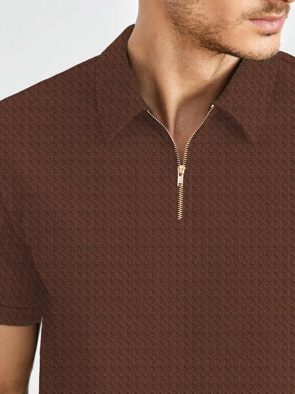 Image of KAJARU Men's Polyster Blend Regular Fit T-Shirt with Half Sleeve Chain Polo Collar V-Neck Standard Length and Classic Style