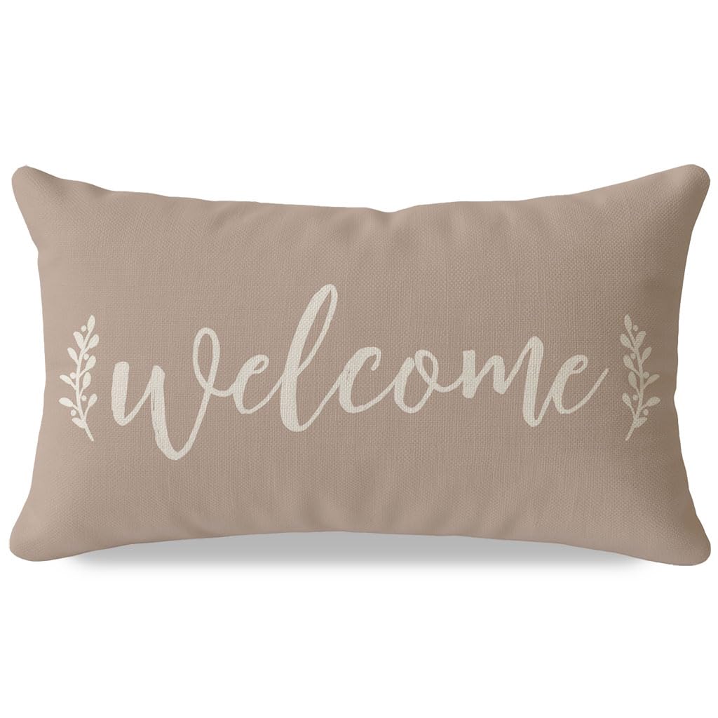 PANDICORN Farmhouse Welcome Throw Pillow Cover 12x20 Inch Beige Outdoor Front Porch Patio Decorations Rustic Lumbar Decorative Cushion Case for Home