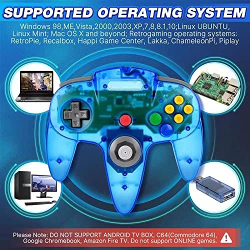 Image of FISUPER 2 Pack USB N64 Controller, Wired Video Game Controller USB Gamepad for Windows PC MAC Raspberry PI Retropie (Clear Blue)
