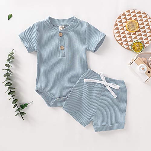 Conjuntos de roupas para meninos e meninas recém-nascidos de verão, macaquinho liso de manga curta +