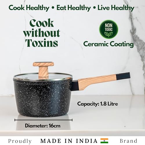 Image of Kreme Ceracook Ceramic Coated Granite Sauce Pan 1.8L /24cm with Glass Lid, ISI Certified Tea, Chai, Sauce Pot, Forged Aluminium, Gas & Induction Use, Non Toxic PFAS & PTFE Free, 1 Yr Warranty, Black