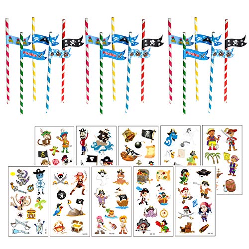 Pirate Party Supplies For Kids Birthday Party Straws 25 Guests Plus Temporary Pirate Tattoos For Kids Boys Girls Pirate Party Favors