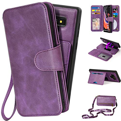 CORNMI Note 9 Wallet Case, Mirror 13 Card Holders Crossbody Wrist Strap Kickstand Detachable Purse Leather Folio Zipper Pocket Flip Protective Cover for Samsung Galaxy N9 Purple