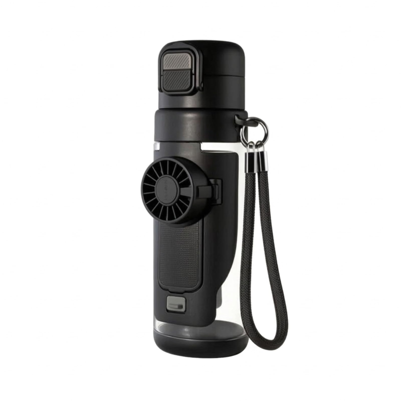 perfk Botella de Enfriamiento Portátil Taza de Agua Vaso Térmico Termo Portátil con Ventilador Incorporado Tapa Doble Bebida y Correa para Diseño Cilíndrico, Negro