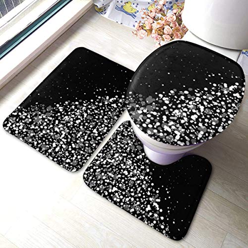 RedBeans Juego de 3 alfombrillas de baño antideslizantes con purpurina negra y blanca, para tapa de inodoro, alfombrillas de baño de espuma viscoelástica transpirable, suaves, cómodas, absorbentes de