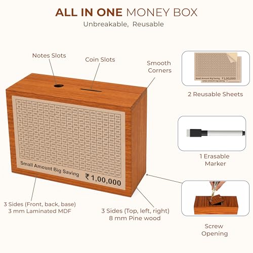 Image of Unbreakable Wooden Money Saving Box for Adults - 1 Lakh Capacity | Reusable Piggy Bank | Money Bank with Amount 100000 | One Lakh Gullak, Kidddy Bank for Kids, Men, Women, Girls, Boys | 1 Yr Warranty