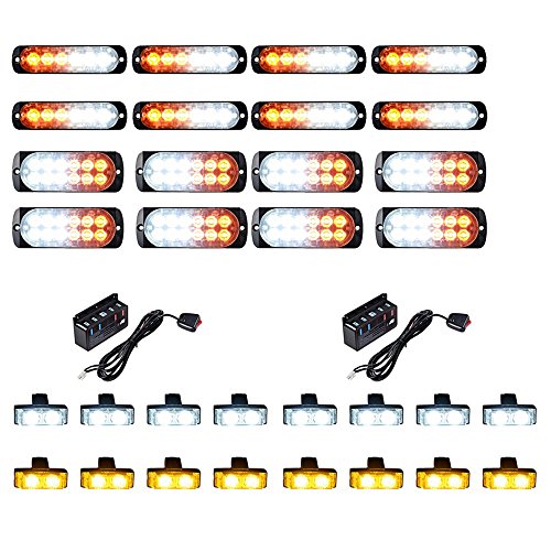 Astra Depot Set Amber White (8X 6-LED and 8X 12-LED) with Combo 8pcs White 8pcs Amber 2-LED Flashing Strobe Lights Bar Emergency Warning Caution Hazard