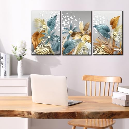 3 Panels Framed Canvas Wall Art Plants Blue Gold White Flower Pictures Printing Painting Poster Canvas Prints Wall Decor for Bedroom Living Room Bathroom Office Ready to Hang 30x40cmx3Pcs - Image 3