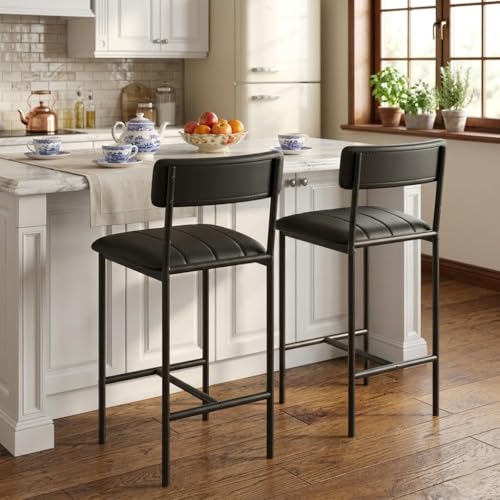 Image of GAOMON Bar Stools Set of 2, Kitchen Bar Stools with Footrest, Counter Height Barstools, Modern Farmhouse Furniture, Black