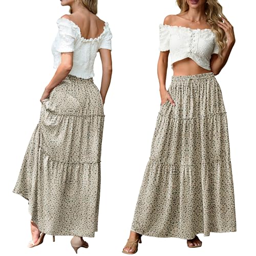Image of Lepunuo Womens Casual Boho High Waisted Flowy Maxi Skirts Tiered Floral Long Skirts with Pockets for Summer Beach Vacation