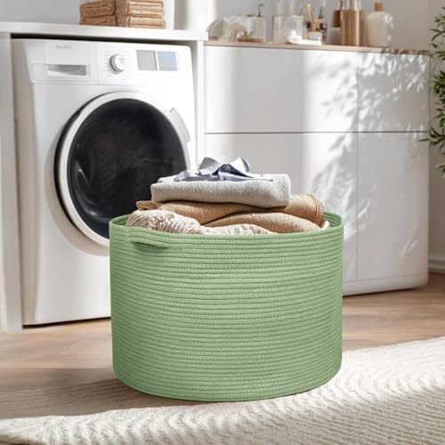 Image of MEGASKET 115L Oversized Green Basket, 23.6 inchx15.7 inch Woven Cotton Rope Bin for Blankets, Nursery Wicker Laundry Hamper, Kids Toy Storage Bin, Sage Green Living Room Bedroom Decor Baskets for Organizing
