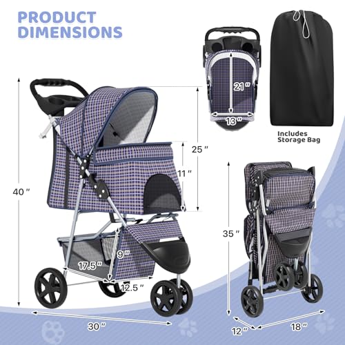Image of Magshion 3-Wheel Pet Stroller, Foldable Travel Jogger for Small & Medium Dogs & Cats (Up to 33lbs), Lightweight Carrier with Breathable Mesh Cover, Cup Holder & Storage Basket, Plaid