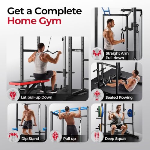 Image of SPORTSROYALS Power Rack, Multi-Functional Power Cage, Squat Rack with Pulley System & LAT Pull Down, Workout Cage with J Hooks for Home Gym