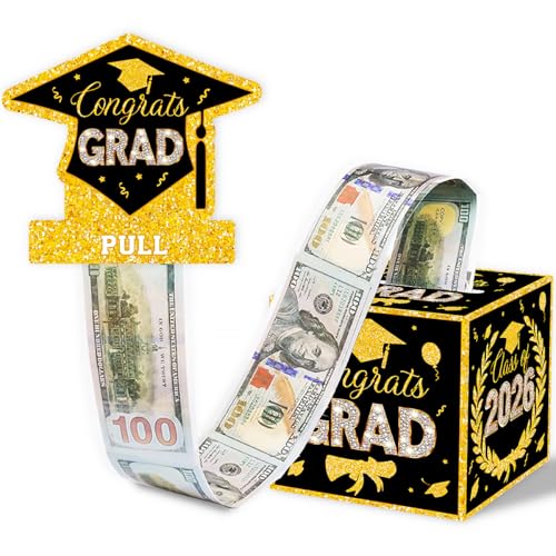 ChillHui 2026 Graduation Money Gifts Pull Box for Cash Black Golden Class of 2026 Graduation Money Holder for Grad Party