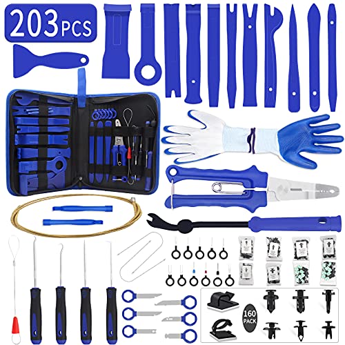 Wetado 203Pcs Trim Removal Tool Kit, Car Panel/Door/Audio Removal Tool Set, Auto Clip Pliers/Fastener Terminal Remover Tool, Push Pin Bumper Retainer Clip, Plastic Pry Tool Set with Storage Bag, Blue