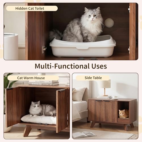 Image of Cat Litter Box Enclosure with Litter Collector,Fluted Hidden Litter Box Furniture with Scratch Pad,31 inch Wooden Cat Cabinet,Cat House,TV Stand,Side Table for Living Room,Walnut