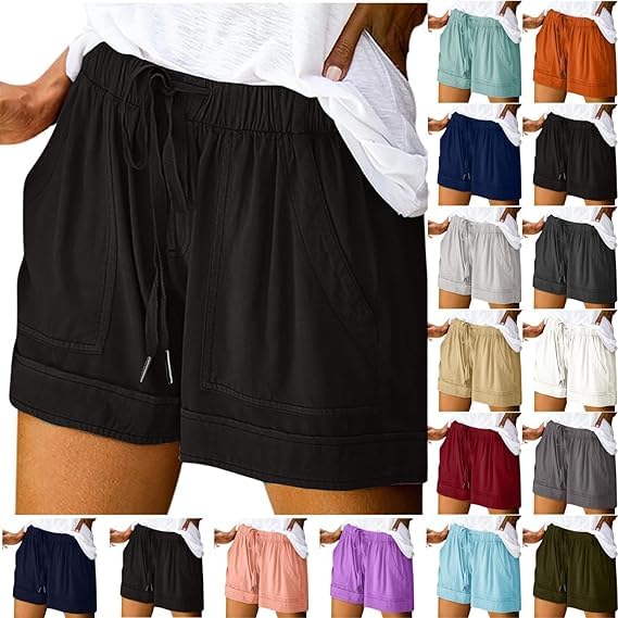 Womens Shorts Casual Summer 2025 Plus Size Vacation Beach Short Pants Trendy Loose Elastic Waist Drawstring Shorts(A- Black,X-Large)