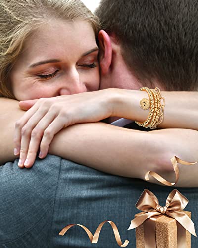 Doubgood Gold Beaded Bracelets For Women, Stackable Gold Bracelets For Women Men 14K Real Gold Plated Stretch Bead Ball Bracelet With Letter Pendant S #TOP7