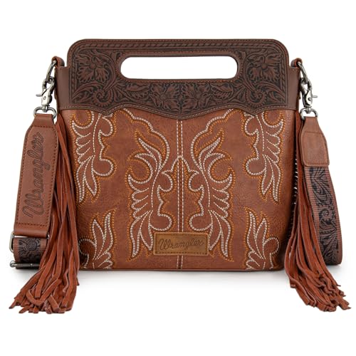 Image of Wrangler Western Handbag for Women Crossbody Bag Top Handle Shoulder Bag Embossed Cowgirl Fringe Purse
