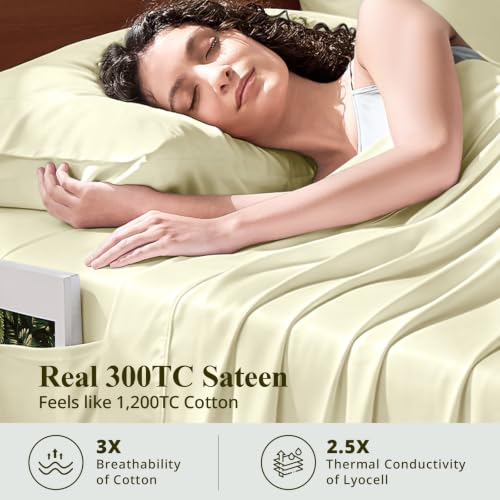Image of Queen Size Sheet Set, Viscose Bamboo Sheets for Bed Set 4pcs, 100% Viscose Derived from Bamboo, Hotel Luxury Silky & Cooling for Hot Sleepers, Deep Pocket Up to 17 inch, Creme