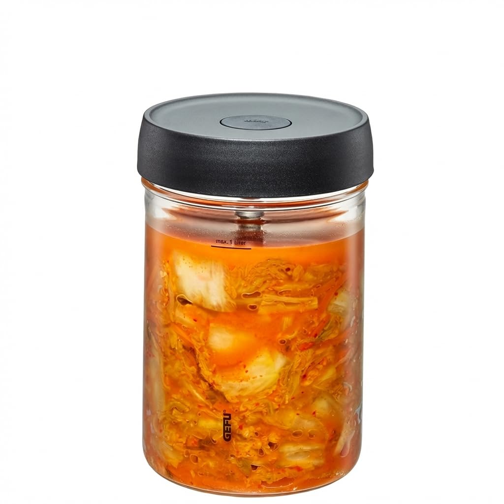 Gefu NATIVO Fermenting Jar 1 L with Ferment Vent System, Glass Fermentation Container with Weight, Stackable