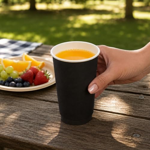 Image of Restaurantware 16 Ounce Disposable Coffee Cups, Pack of 25 Double Wall Hot Holders a€ inch Lids Sold Separately, Rippled Wall and Black Paper Insulation, Ideal for Coffee, Hot Chocolate, Tea, and More